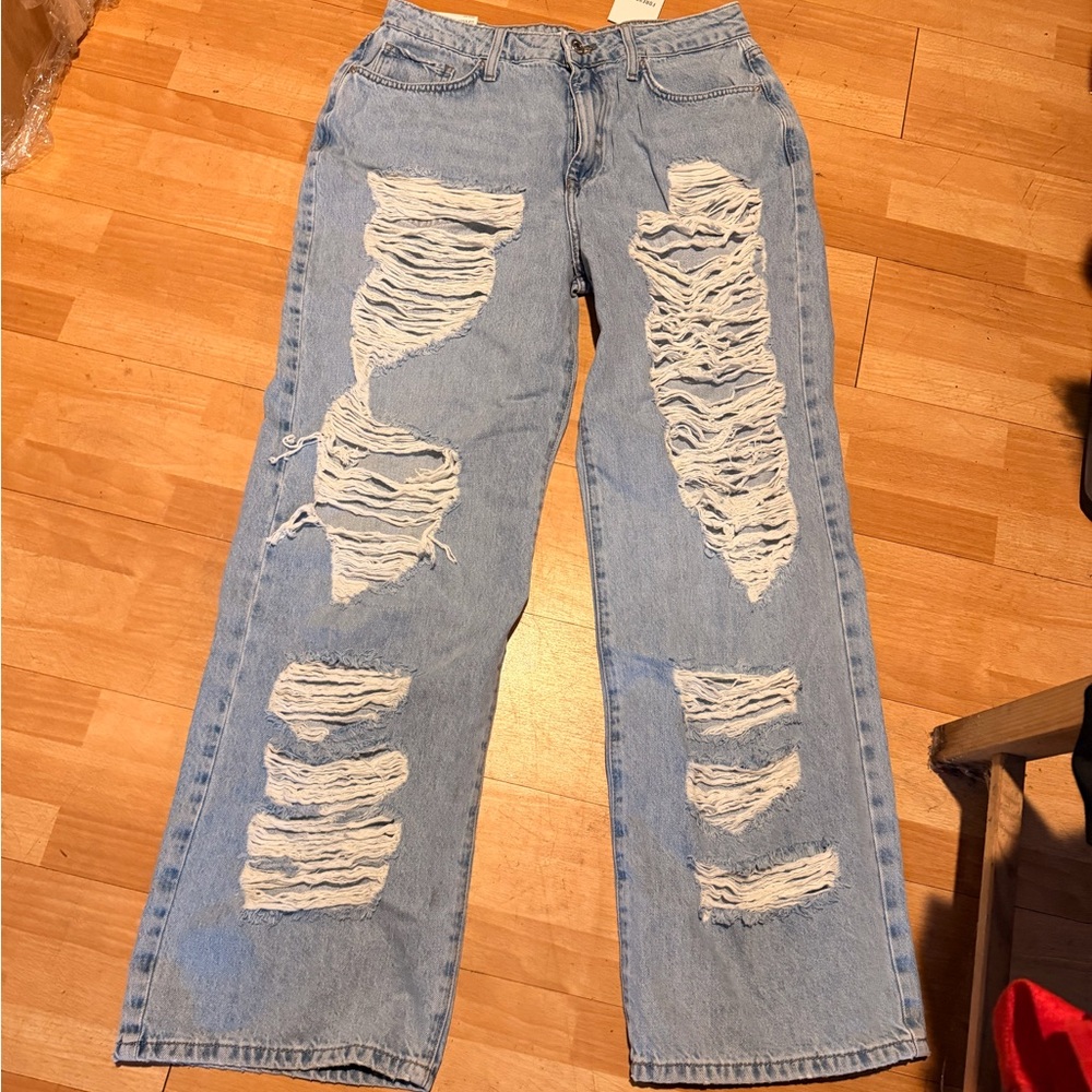 NWT F21 90s fit Sky Blue Ripped Straight Jeans PINCH WAIST LOOSE FIT RELAXED LEG